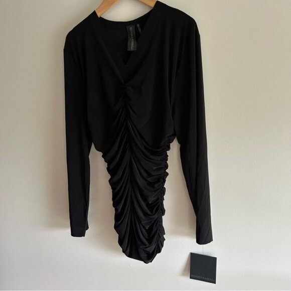 Norma Kamali Black V-Neck Slinky Long Sleeve Black Top sz XL - Picture 2 of 6
